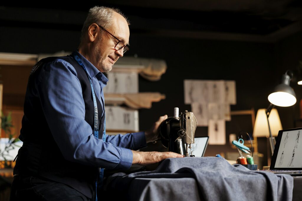 Elderly couturier using sewing machine